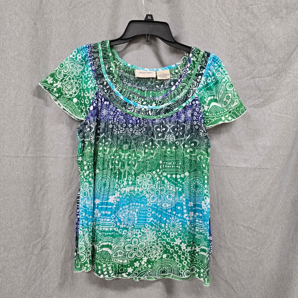 Lemon Grass Womens Large Green Blue Batik Floral Mandala Pleated Scoop Neck Top